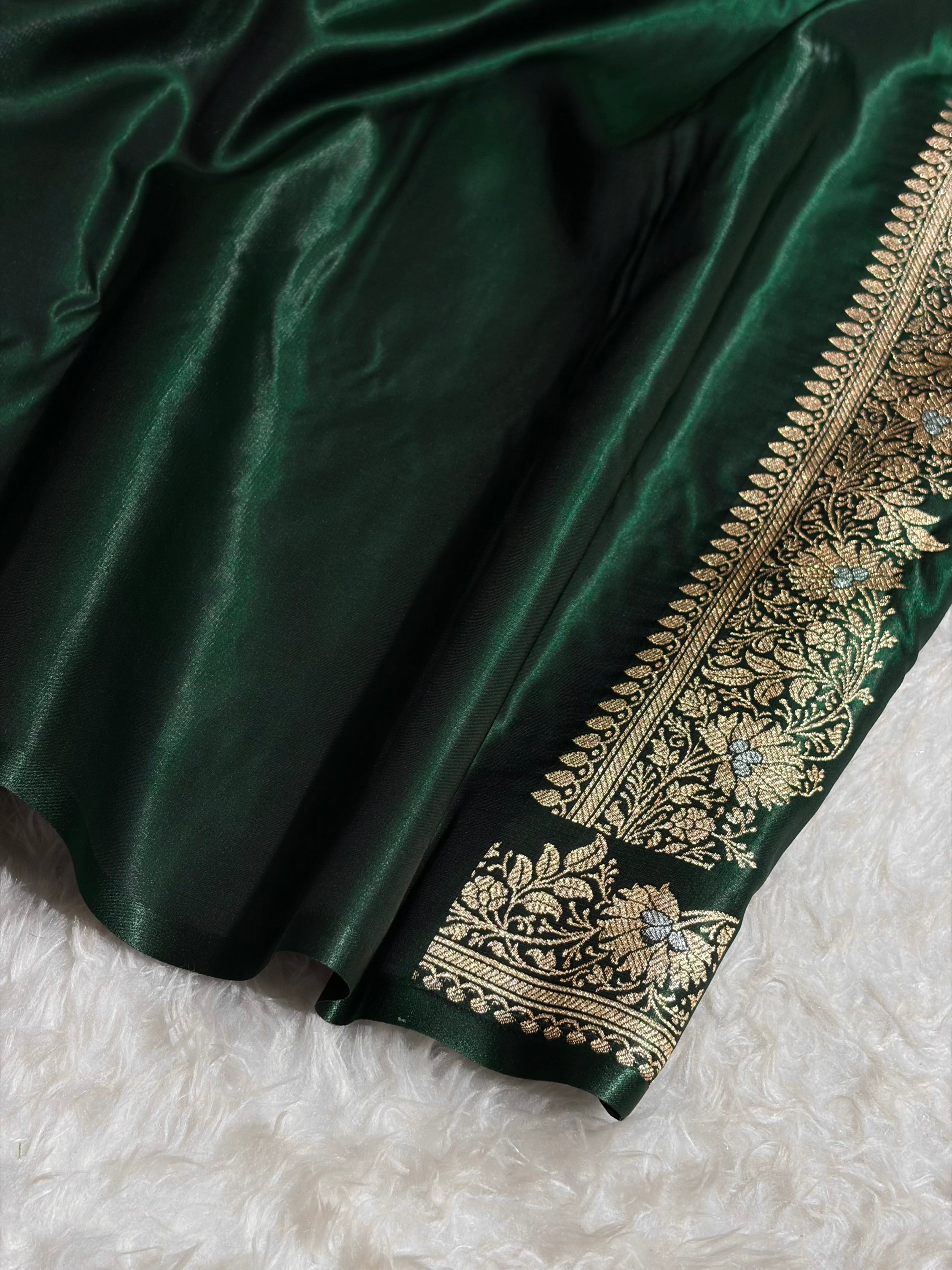 Banarasi Bottle Green Shades Minakari Booti Pattern Banarasi Satin Silk Saree SS60