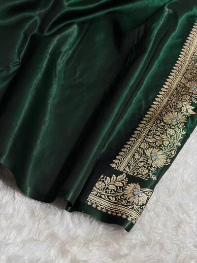 Banarasi Bottle Green Shades Minakari Booti Pattern Banarasi Satin Silk Saree SS60