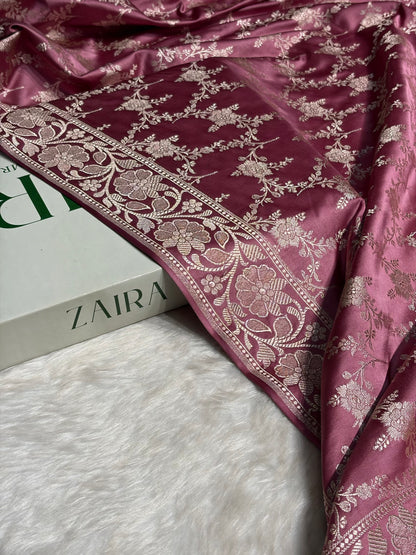 Copper Rose Shades Mashru Silk Banarasi Saree With Jaal Pattern MS71