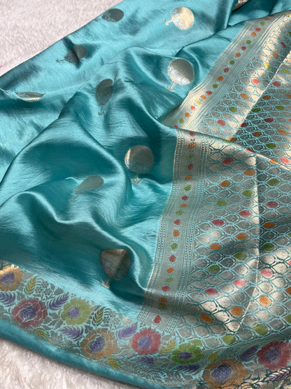 Aqua Green Flower Boota Pure Caramel Mango Silk Saree