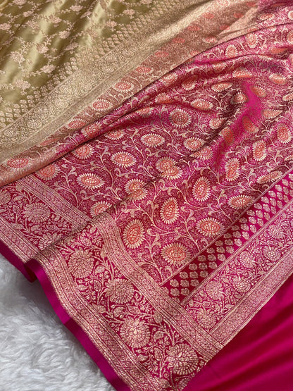 Banarasi Satin Katan Saree in Contrast Tusser With Rani Shades SK132