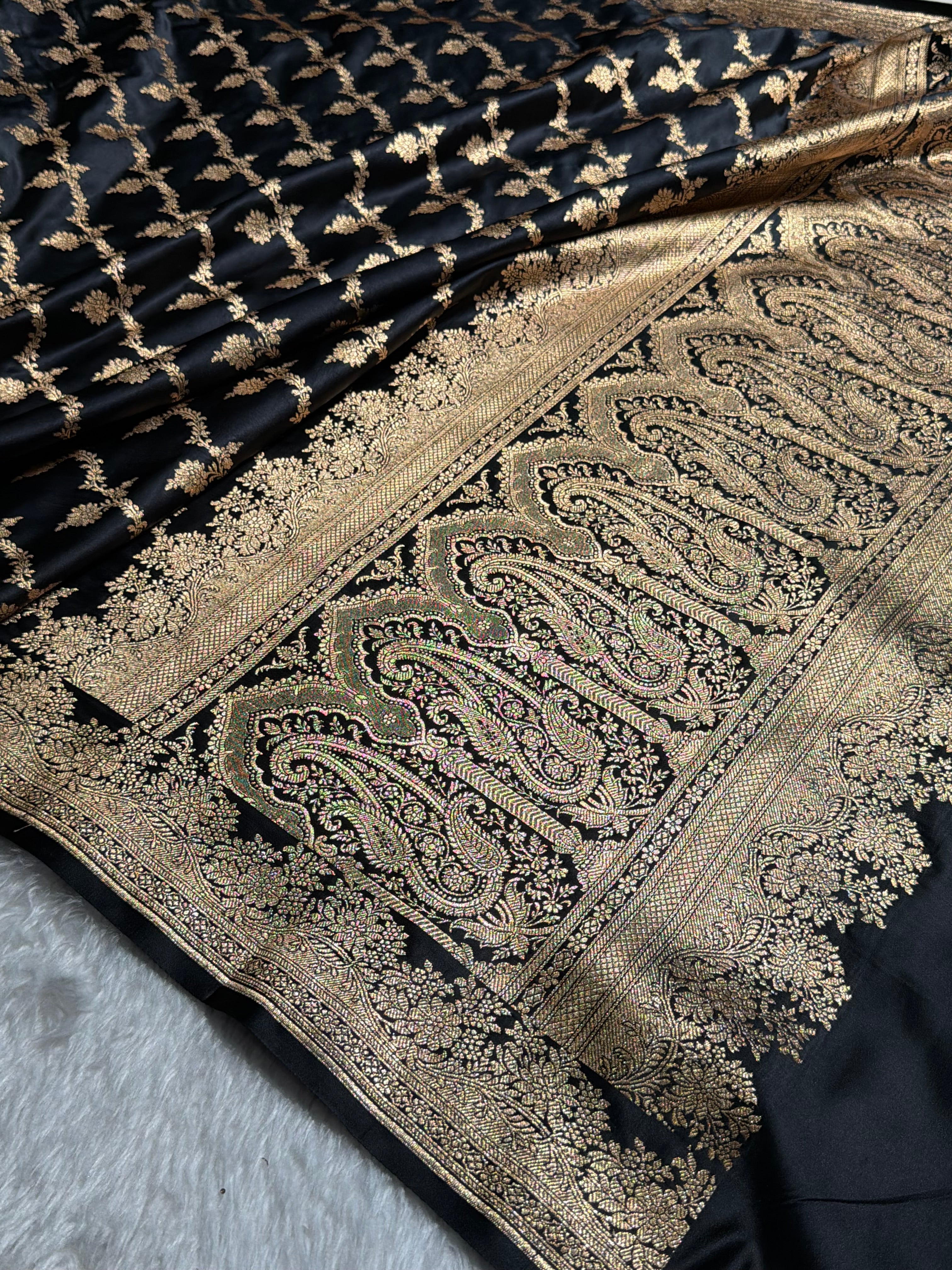 Banarasi Satin Katan Saree Floral Cross Pattern in Black Shades SK147