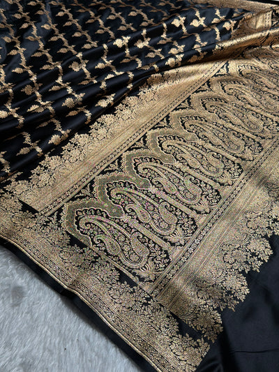 Banarasi Satin Katan Saree Floral Cross Pattern in Black Shades SK147