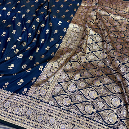 Navy Booti Katan Silk Saree with strip blouse