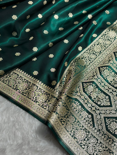 Banarasi Dark Bottle Green Shades Booti Pattern Banarasi Satin Silk Saree SS63