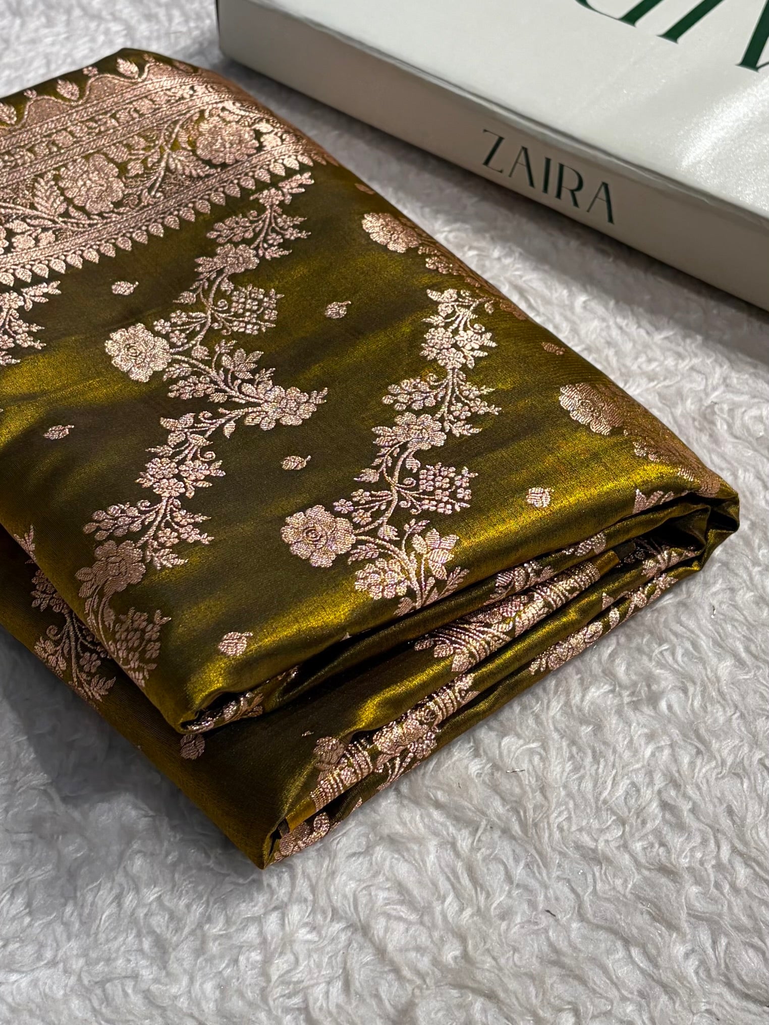 Satin Silk Saree Banarasi Cross with booti In Mehendi Shades SS22