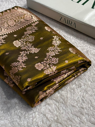 Satin Silk Saree Banarasi Cross with booti In Mehendi Shades SS22
