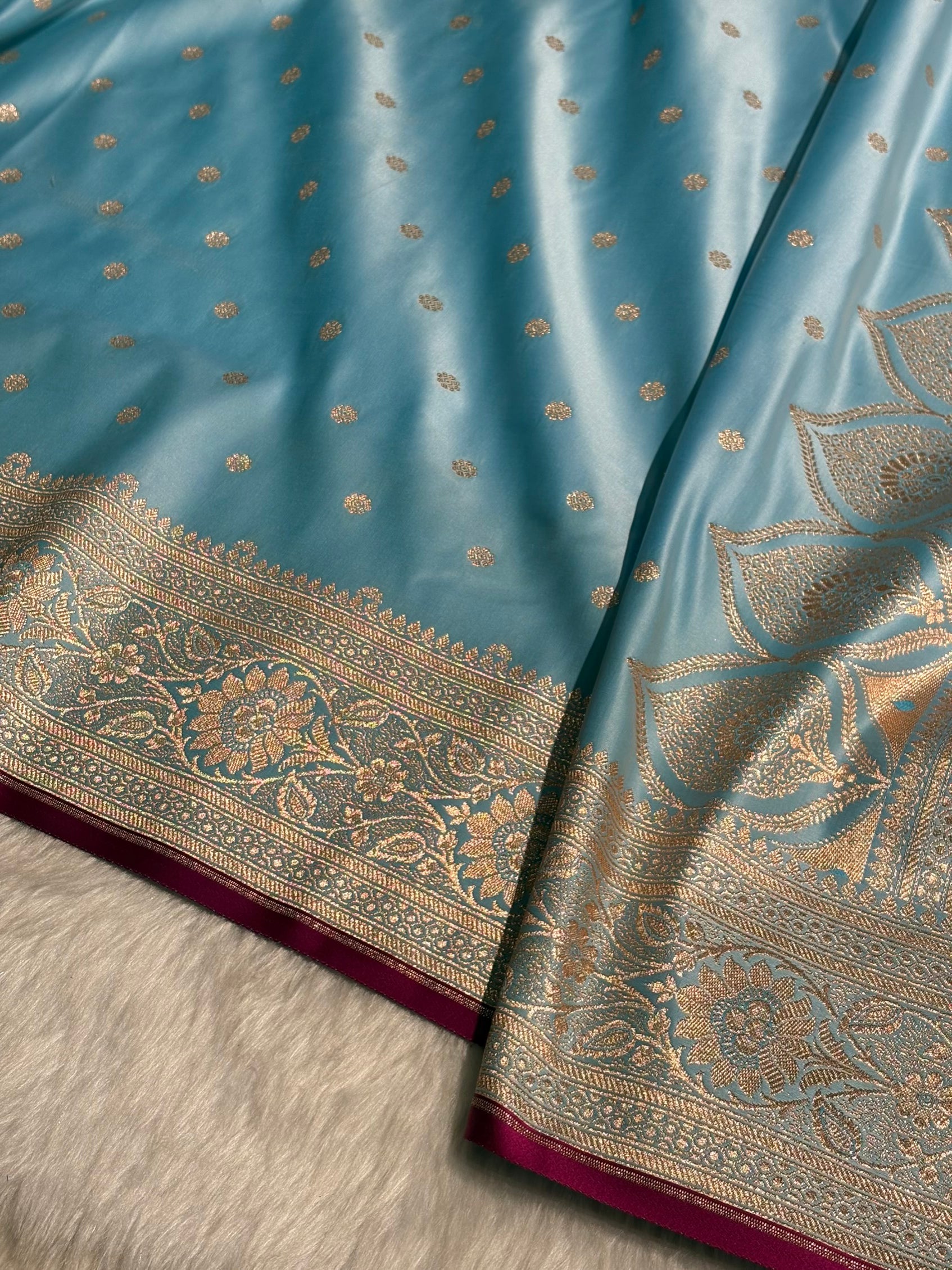 Sky Blue Booti Satin katan Silk Saree SK11