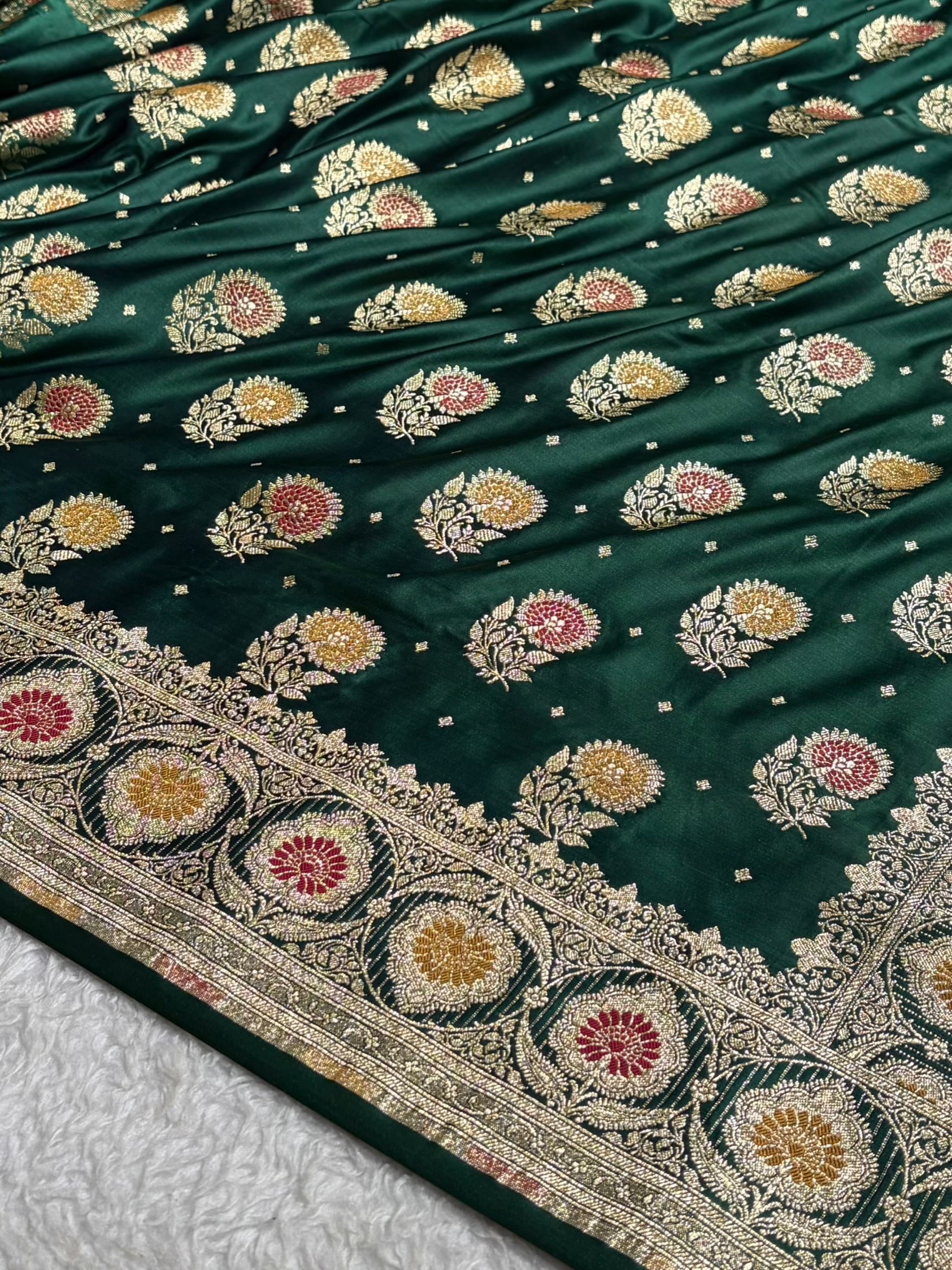 Bottle Green Shades Minakari Booti Satin Katan Silk saree