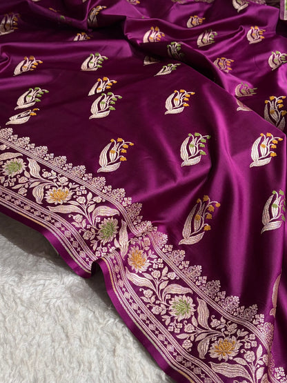 Wine Shades Banarasi Boota Pattern Minakari Floral Mashru Silk Saree MSM-121
