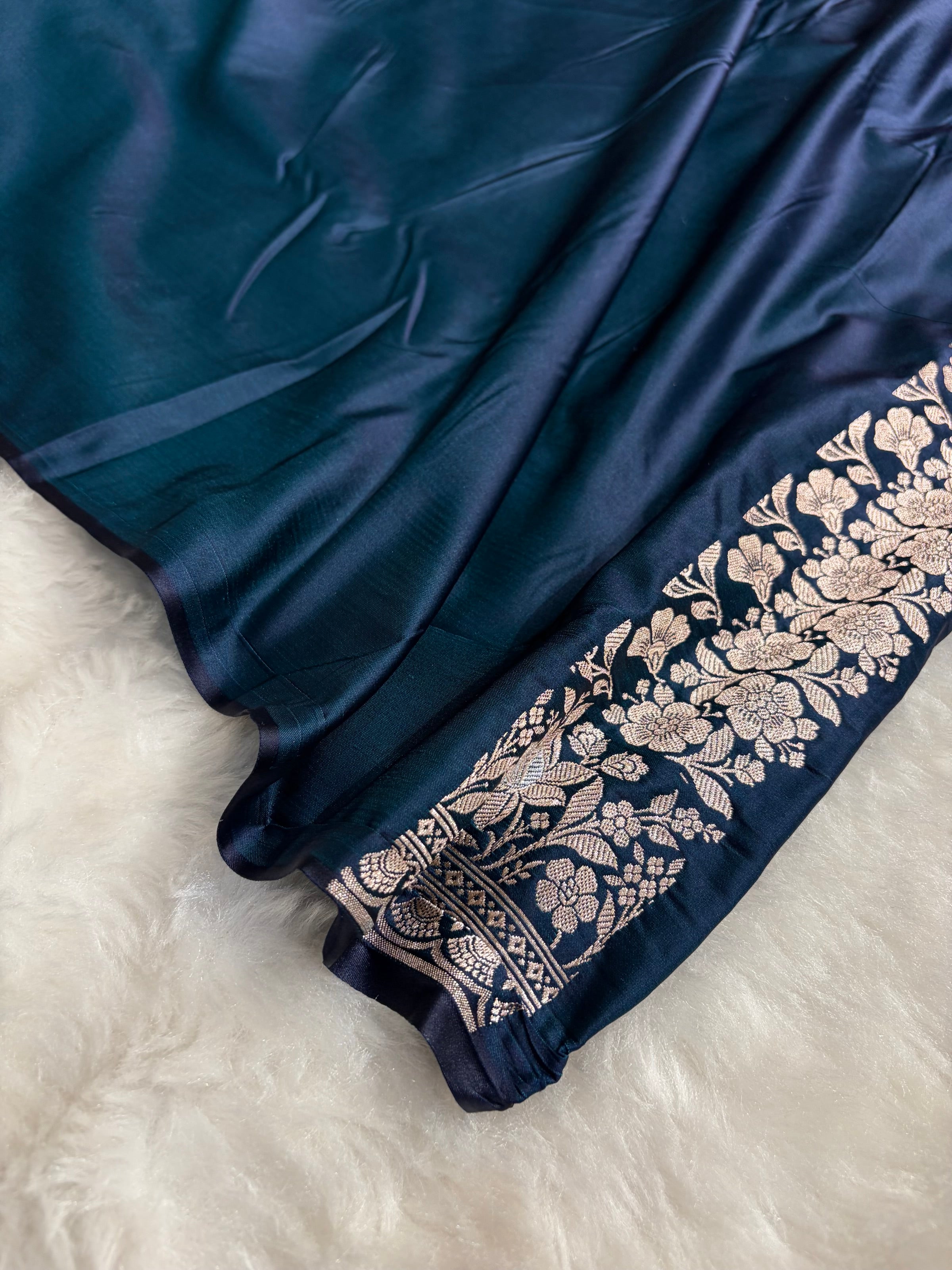 Dark Peacock Shades Banarasi Minakari Boota Skirt Pattern Floral Mashru Silk Saree MSM-116