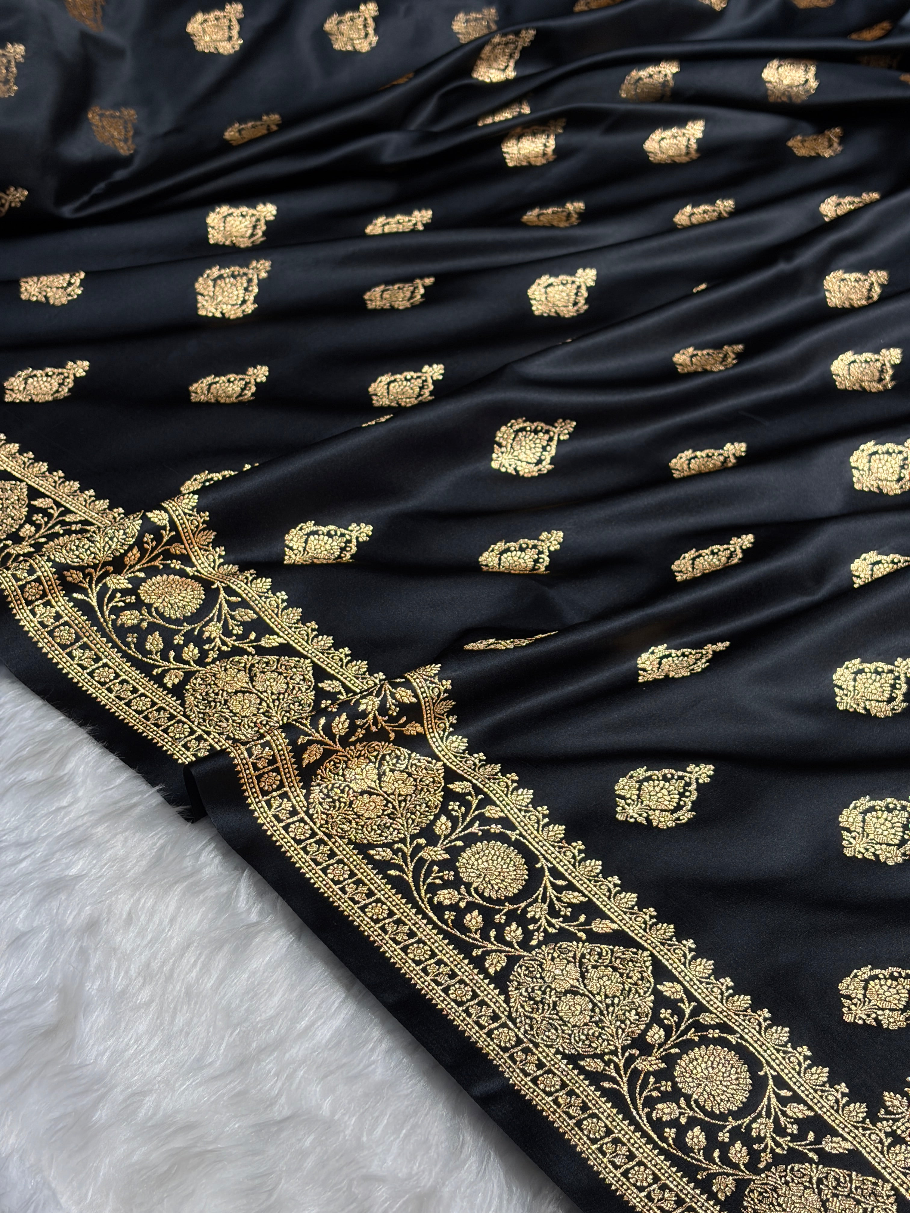 Banarasi Satin Katan Saree With Boota in Black Shades SK98