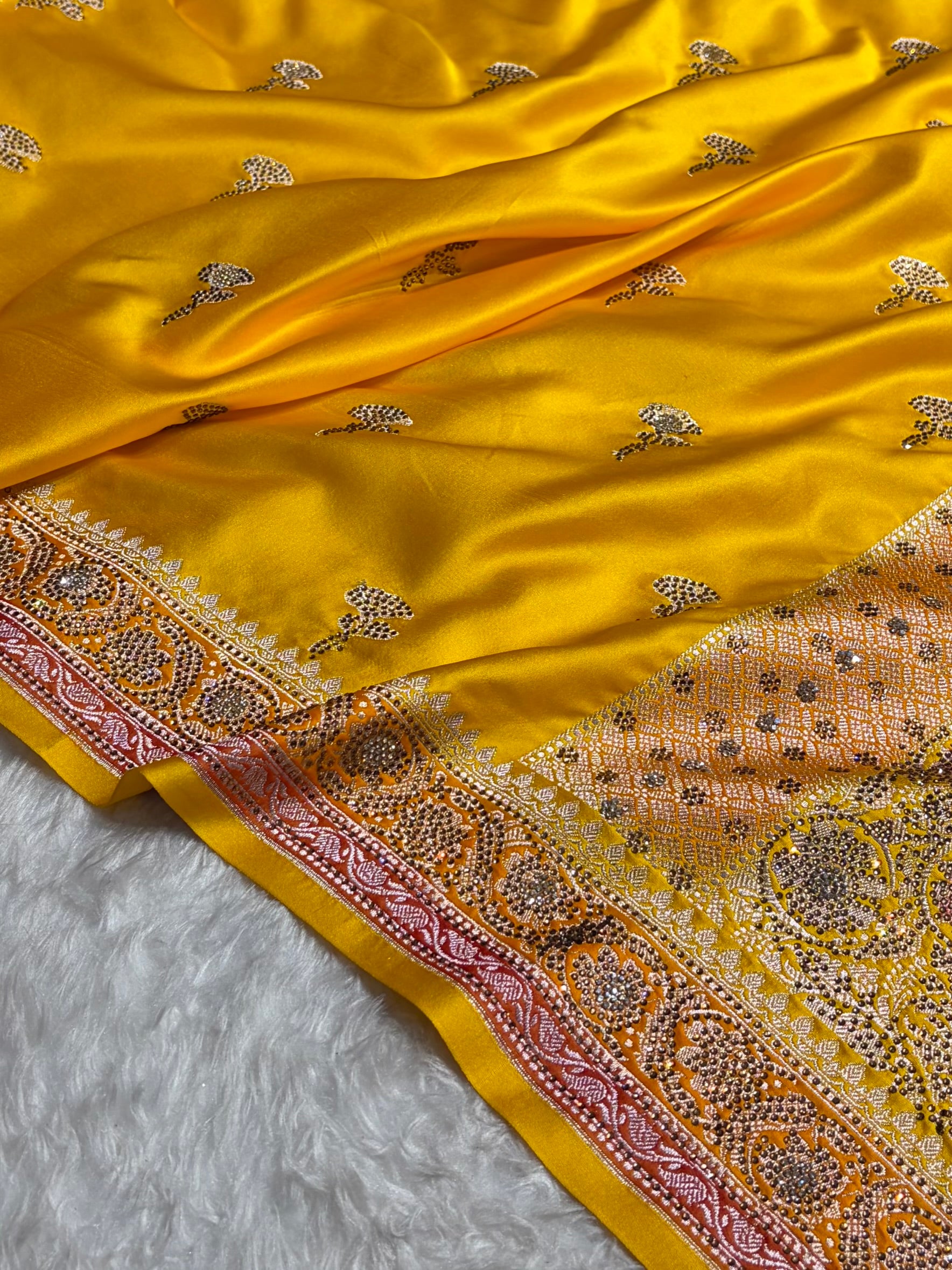 Yellow Shades With Banarasi Swarovski Stone Work Boota Mashru Silk Saree BMS51