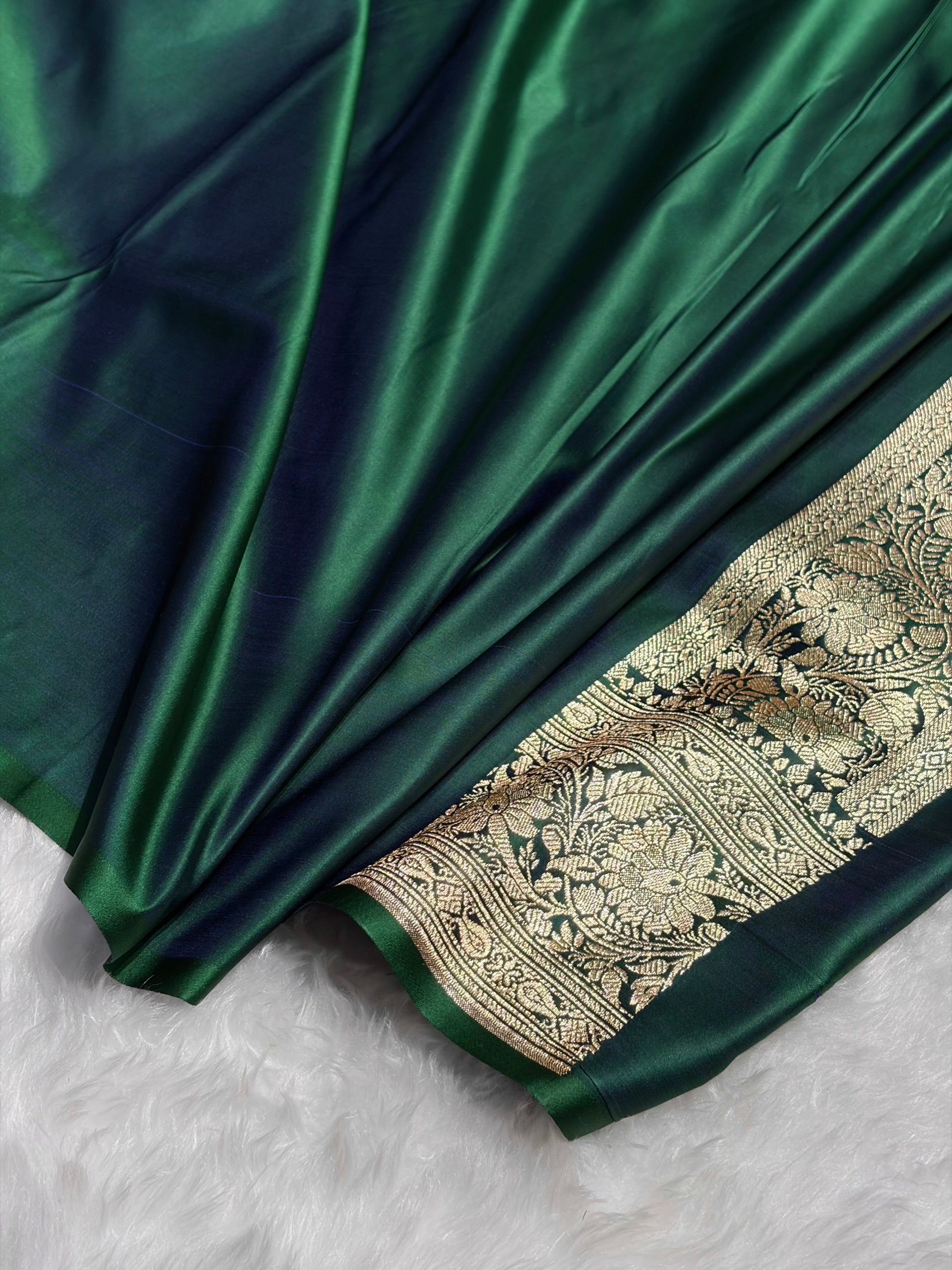 Cross Green Floral Cross Pattern Satin Katan Silk Saree SK75