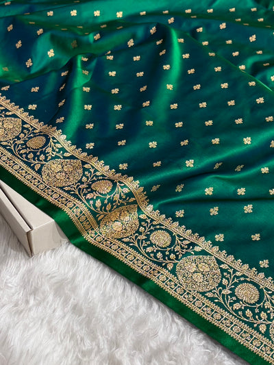 Banarasi Satin Katan Saree With Boota in Cross Green Shades SK117