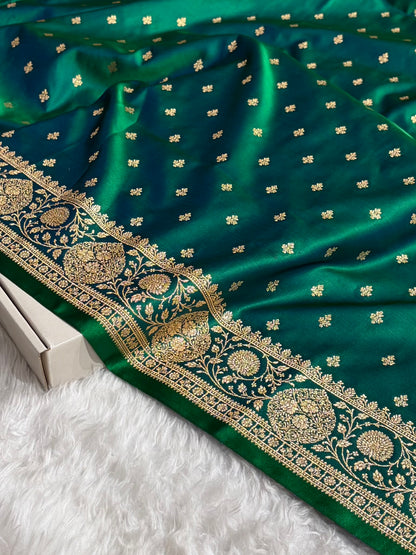 Banarasi Satin Katan Saree With Boota in Cross Green Shades SK117