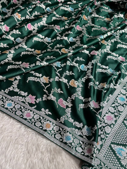 Dark Bottle Green Shades Minakari Jaal Mashru Silk Saree MCS48
