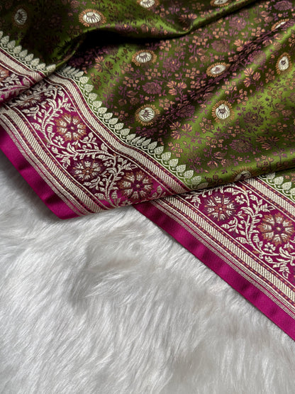 Mehandi - Rani Contrast Jamawar Tanchoi Jaal Katan Silk Saree SKTM-17