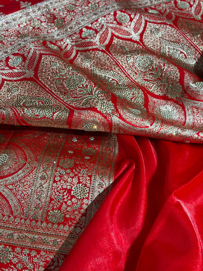 Light Weight Red Satin Silk Saree with Swarovski work BSS14