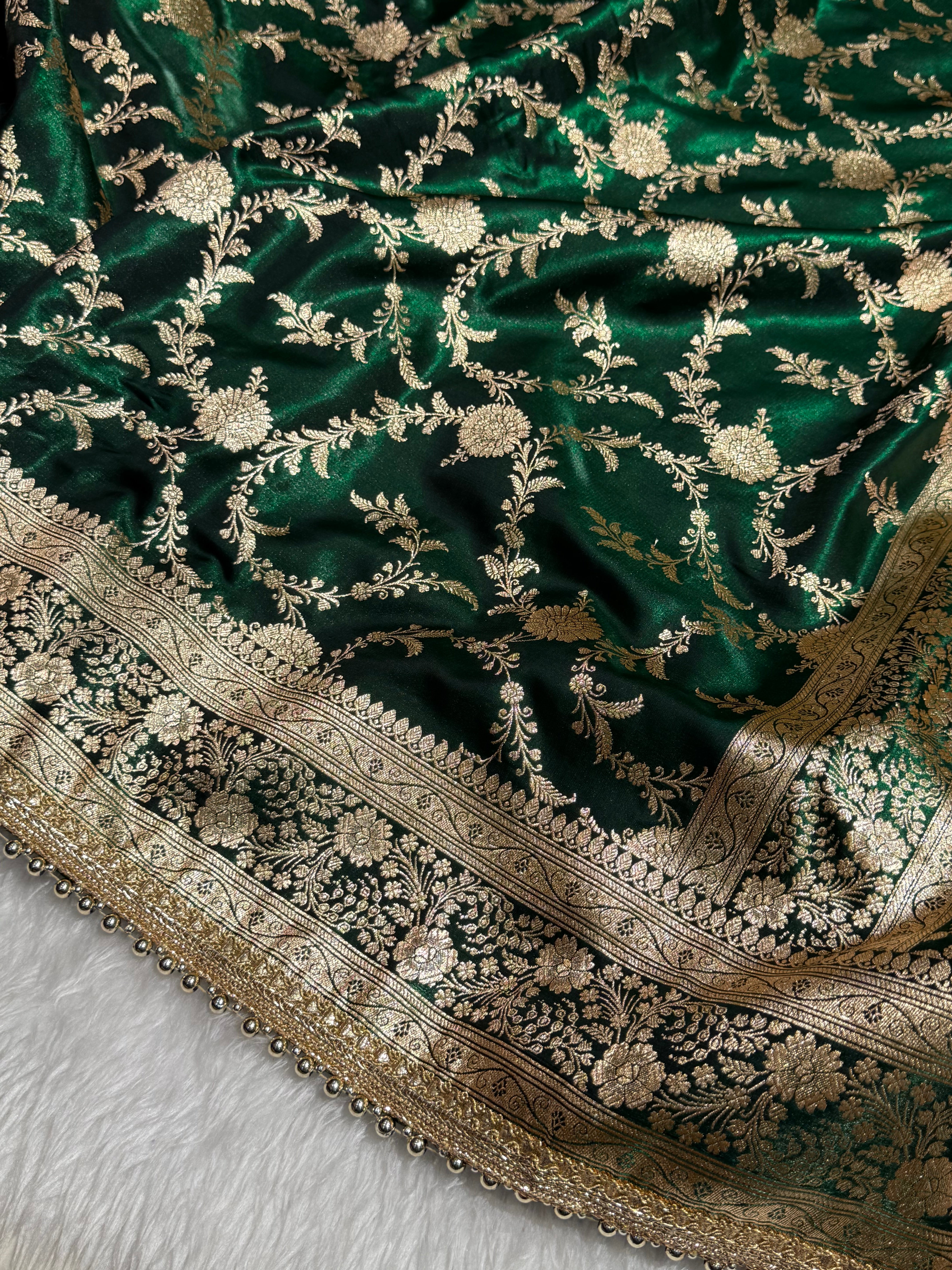 Bottle Green Banarasi Jaal Satin Silk Saree with gotta patti SSGP14