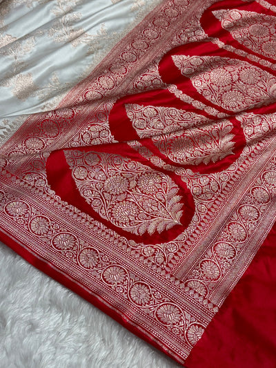 Banarasi Contrast White / Red Shades Jaal With Mashru Silk Saree MCS63