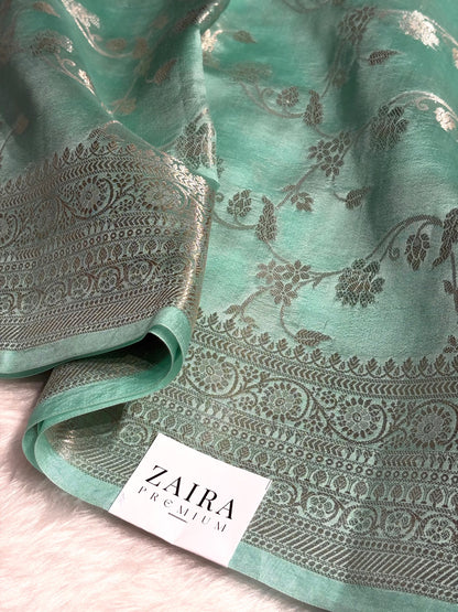 Sea Green Banarasi Jaal Pure Caramel Silk Saree CS-07