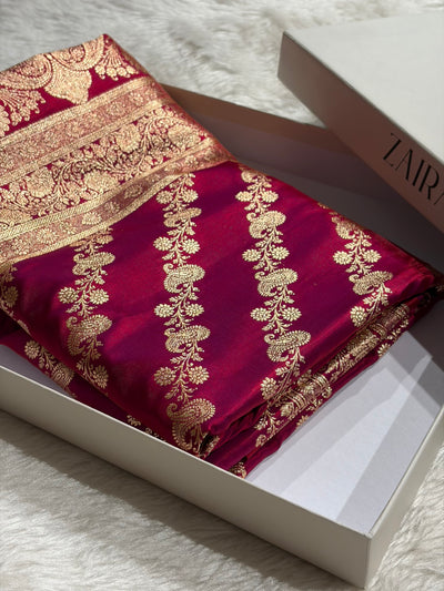 Banarasi Magentic Red Shades Cross Pattern Banarasi Satin Silk Saree SS51