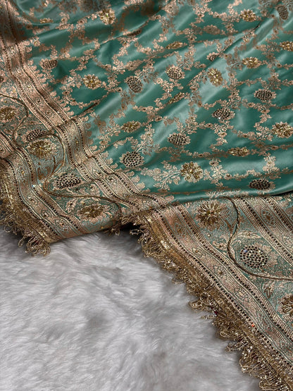 Sea Green Swavroski & Zardozi Work With Gotta Patti Jaal Pattern Satin Katan Silk Saree BSKGP25
