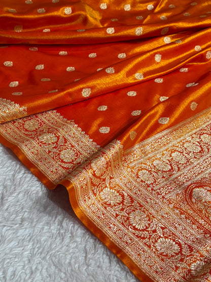 Orange Gold Shades Boota Pattern Banarasi Satin Silk Saree SS45