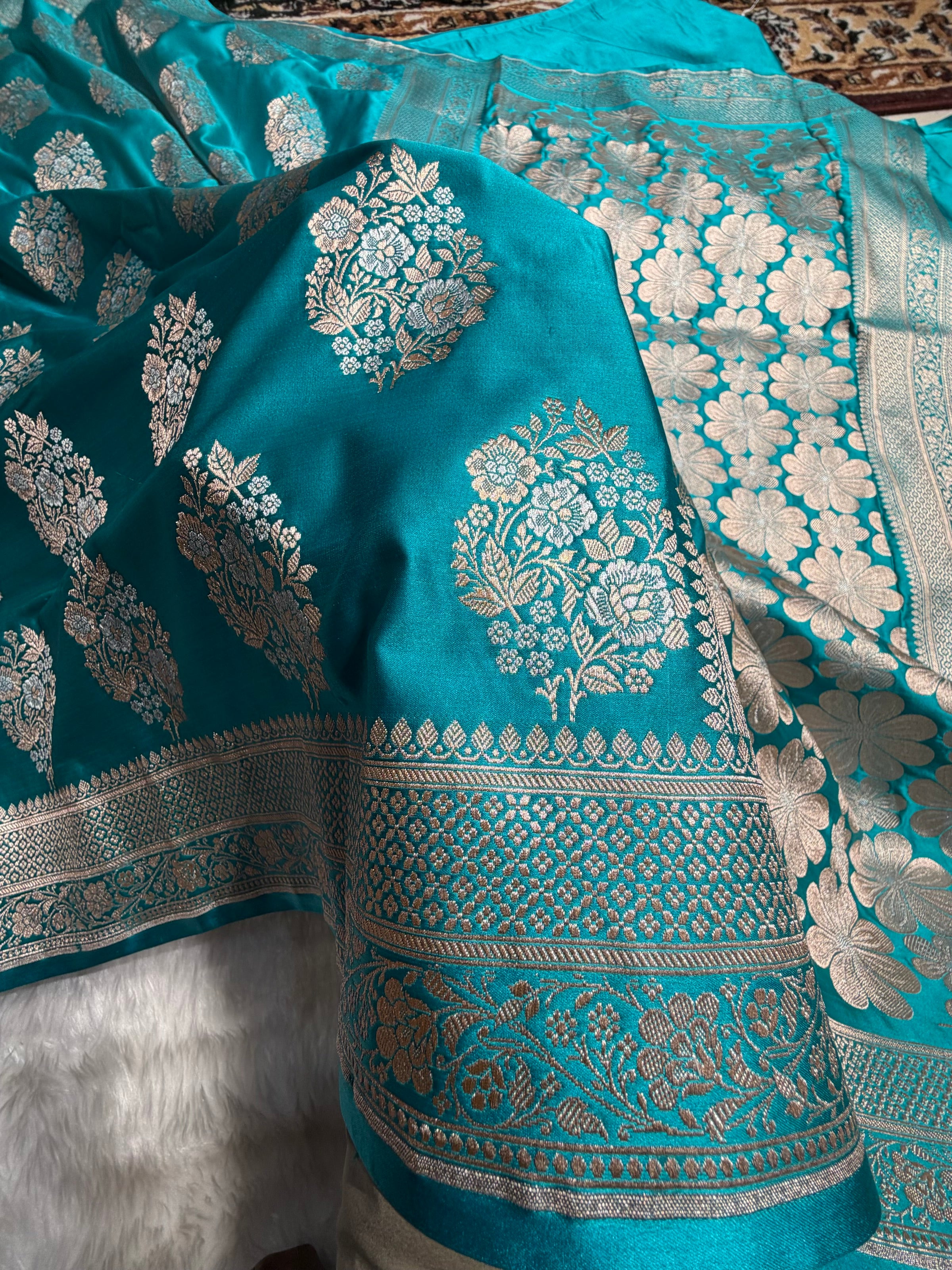 Premium Banarasi Satin Katan Saree With Minakari Boota in Rama Shades SK93