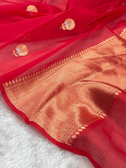 Pure Banarasi Organza Red Shades With Minakari Floral Banarasi Silk Saree PO-23