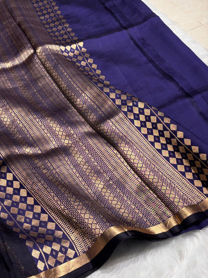 Navy Blue Shades Rangkart Handwoven Pure Katan Raw Mango Silk RM-38