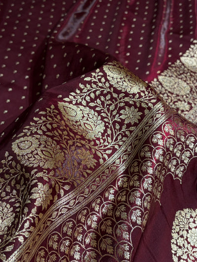 Satin Silk Saree Floral Boota in Garnet Shades SS28