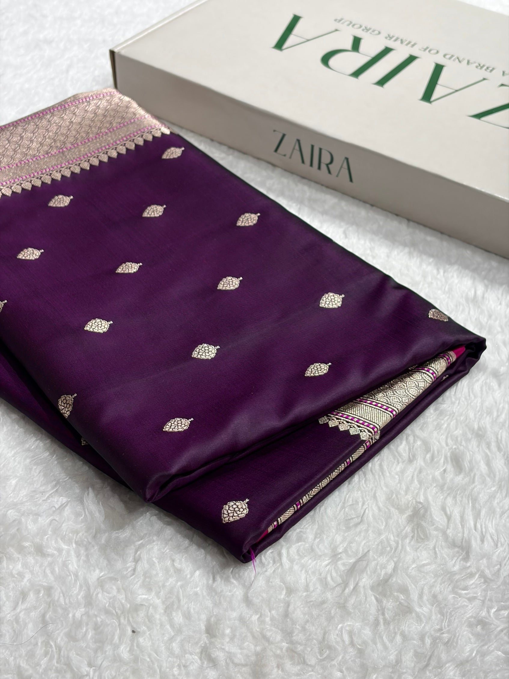 Banarasi Wine Boota With Floral Border Mashru Silk Saree