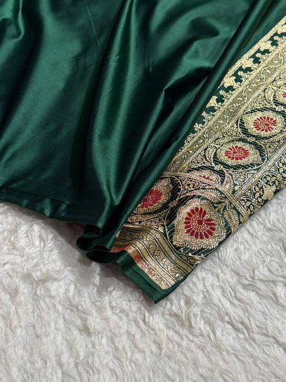 Bottle Green Shades Minakari Booti Satin Katan Silk saree