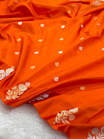 Banarasi Orange Shades Meenakari Boota Handwoven Pure Katan Paper Silk RM-75