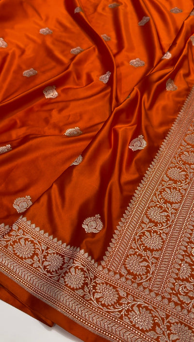 Orange Floral Motif Mashru Silk Saree