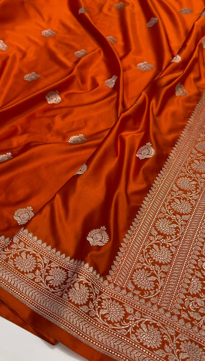 Orange Floral Motif Mashru Silk Saree