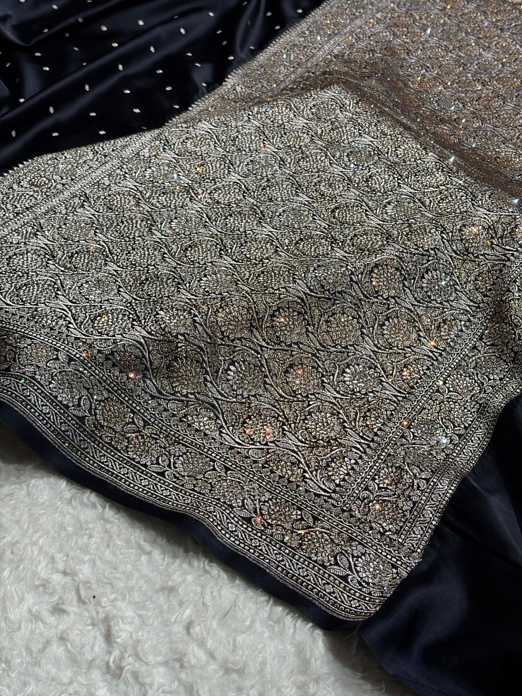 Black Shades Booti With Swarovski Stone Work Mashru Silk Saree BMS65