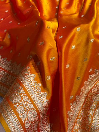 Orange Gold Shades Booti Pattern Satin Katan Silk Saree SK51