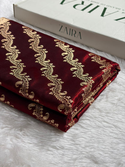 Maroon Shades Cross Pattern Banarasi Satin Silk Saree SS39