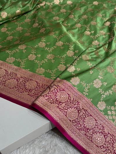 Banarasi Satin Katan Saree in Contrast Light Green / Rani Shades SK132