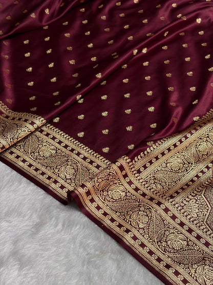 Garnet Floral Pattern Satin Katan Silk Saree SK78