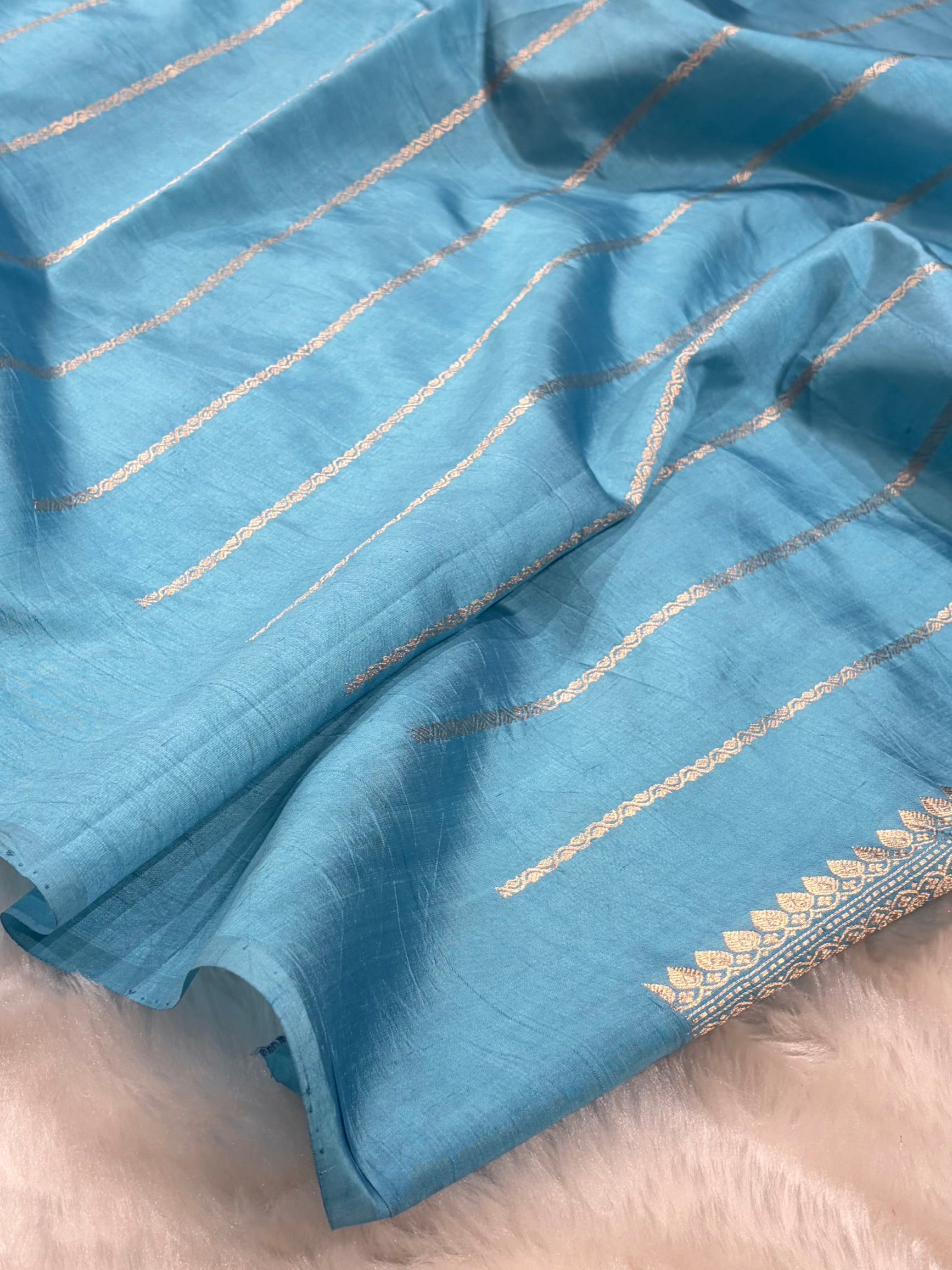 Banarasi Royal Blue With Sky Blue Contrast Shades Handwoven Pure Paper Silk Saree RM-91