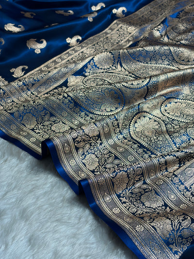 Satin Silk Saree Floral Boota in German Blue Shades SS27