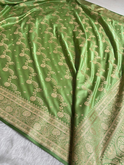 Banarasi Satin Katan Saree With Jaal Pattern in Pista Green Shades SK121