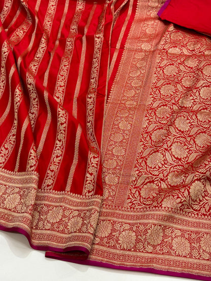 Blood Red Stripe Mashru Silk Saree