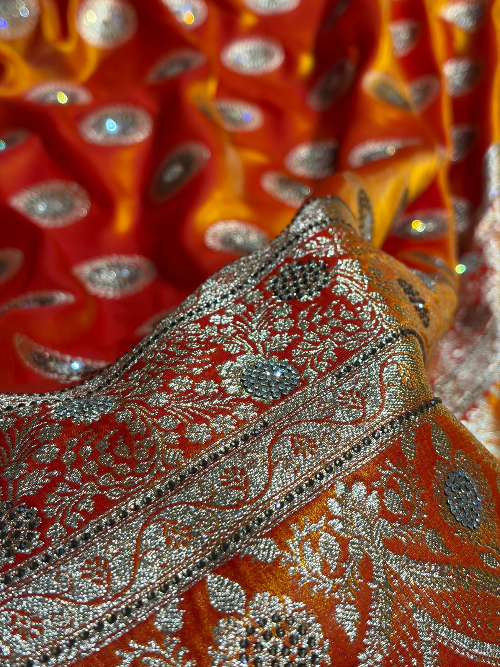 Fire Gold Shades Banarasi With Swarovski Stone Work Satin Silk Saree BSS33