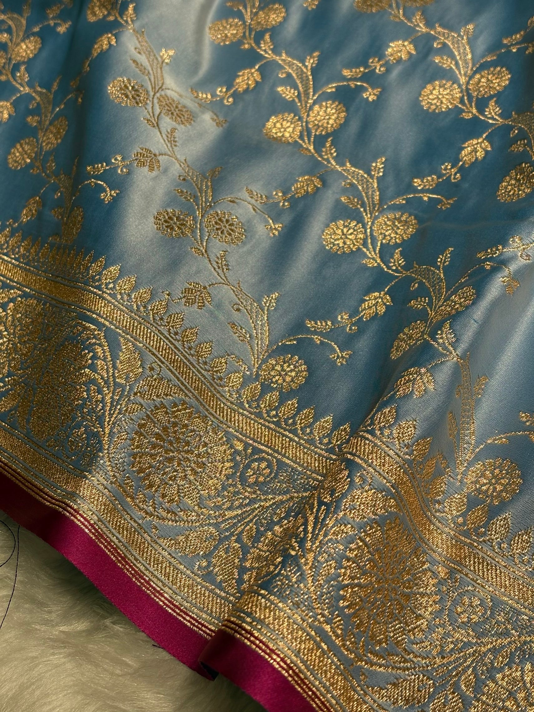 Nile Blue  Cross Satin Katan Silk Saree SK17