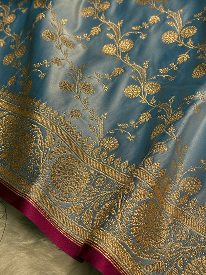Nile Blue  Cross Satin Katan Silk Saree SK17